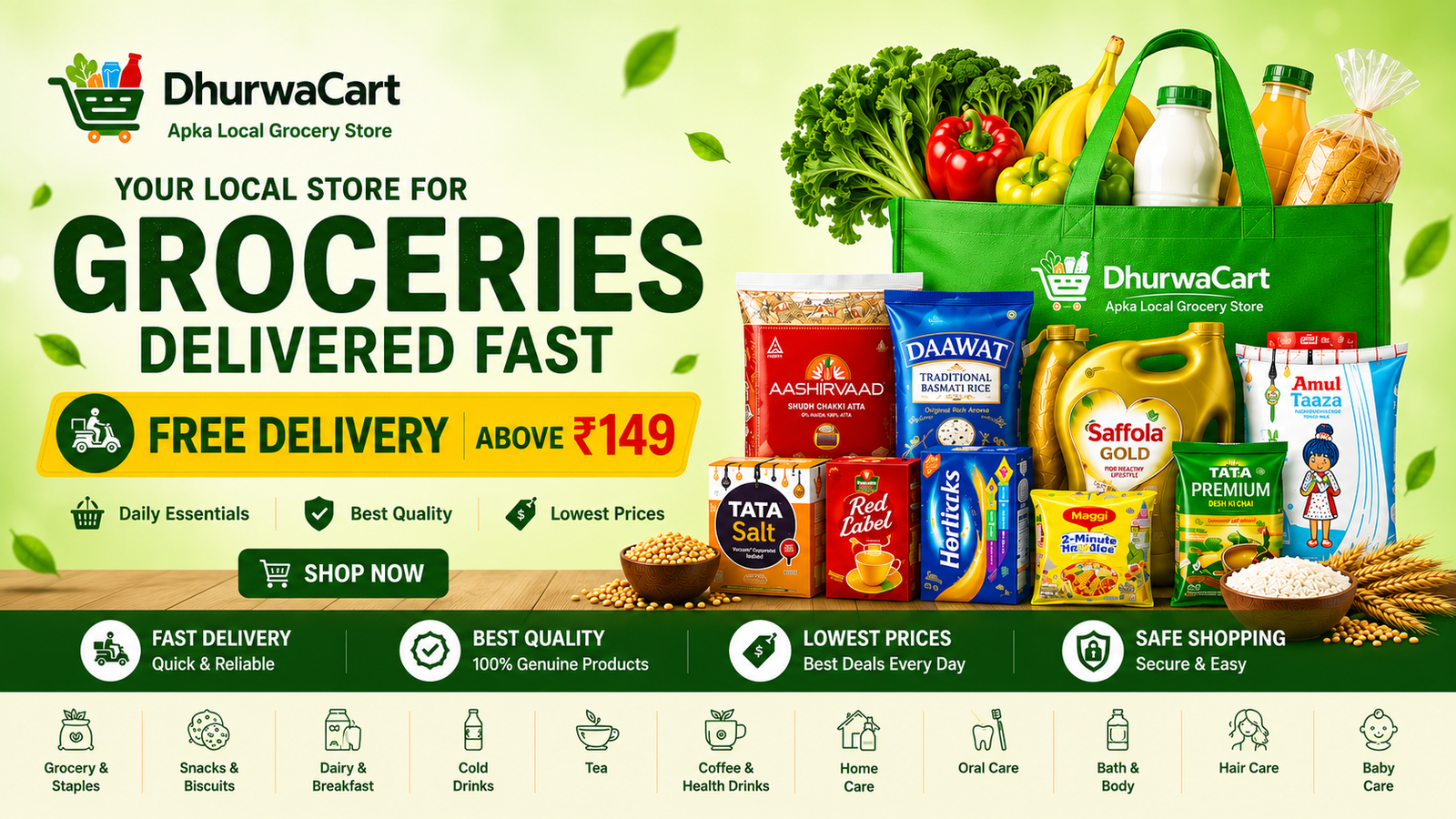 DhurwaCart online grocery store banner with free delivery above 149 rupees